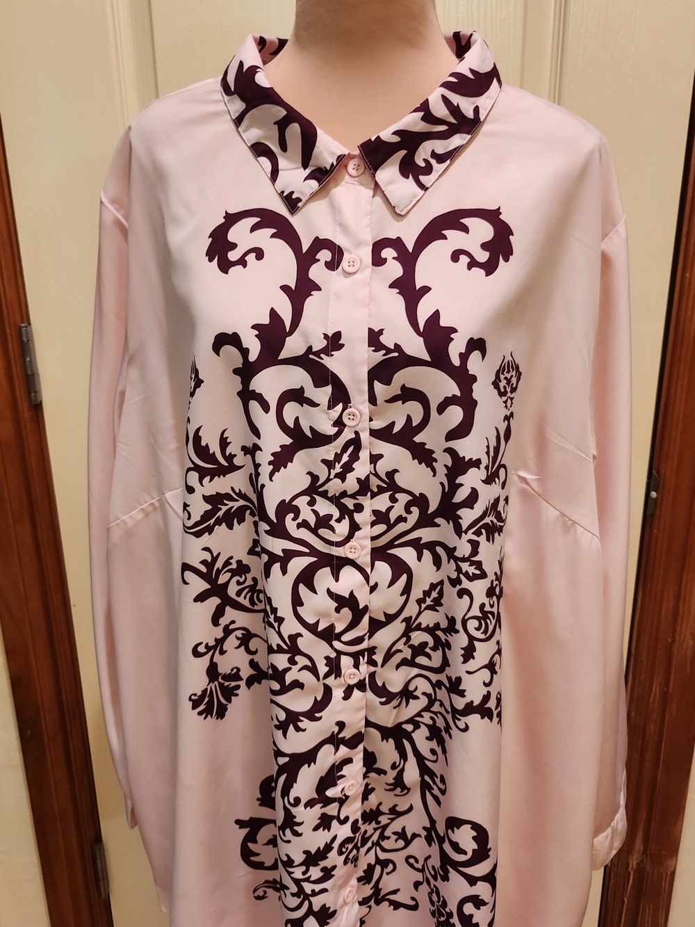 Roamans Light Pink Button-Down Blouse with Burgundy Baroque Print 30W